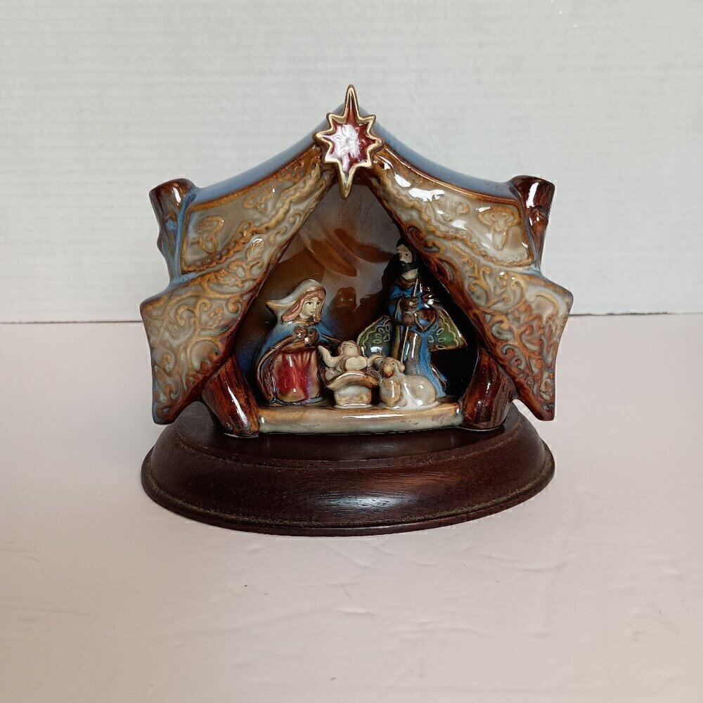 Ceramic Nativity on Wooden Base Beautiful Blue and Brown Polished shiny Surface